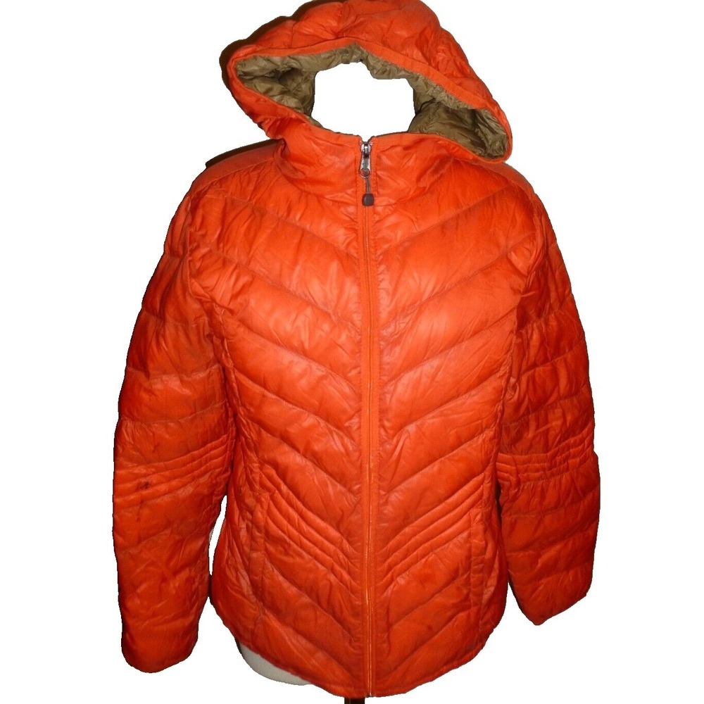 Orange Hooded Puffer Jacket Quilted Full Zip Winter Coat Goose Down Womens